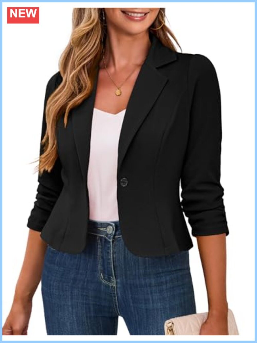 Cropped Blazer 3/4 Ruched Sleeve Business Casual Women's Suit Jacket